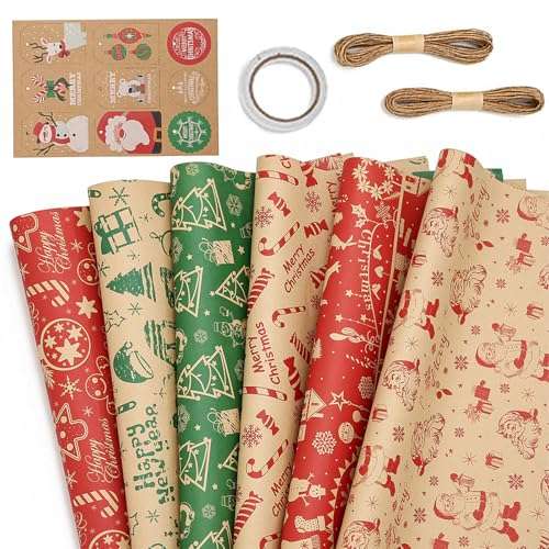 Weihnachtsgeschenkpapier 50x70cm 6 Blatt POPOYU Kraftpapier mit Hängeetiketten und Seil