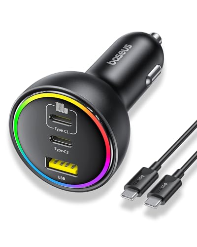 baseus 152.5W auto ladegerät mit 3 usb c ports und rgb, kfz adapter für macbook, iphone, samsung