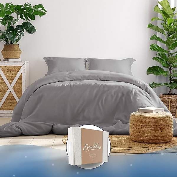 Bettwäsche Set 220x240 cm Baumwolle Satin grau, 1 Bettbezug + 2 Kissenbezüge 80x80