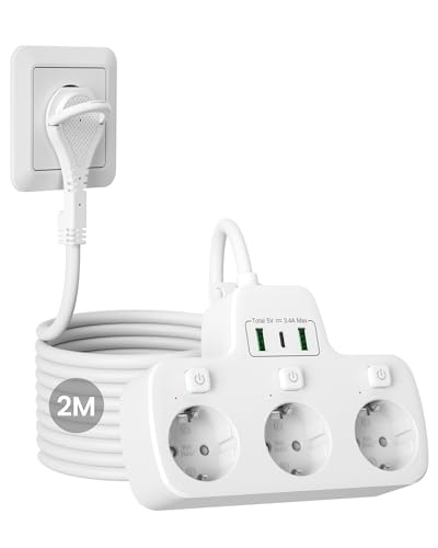 flachstecker steckdosenleiste 3-fach schaltbar, wandmontage mit schalter, 2m kabel, weiß