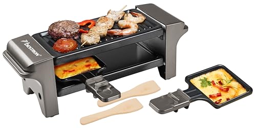 Bestron raclette mini für 1-2 personen mit 2 pfännchen, 2 schabern, 350 watt, titangrau