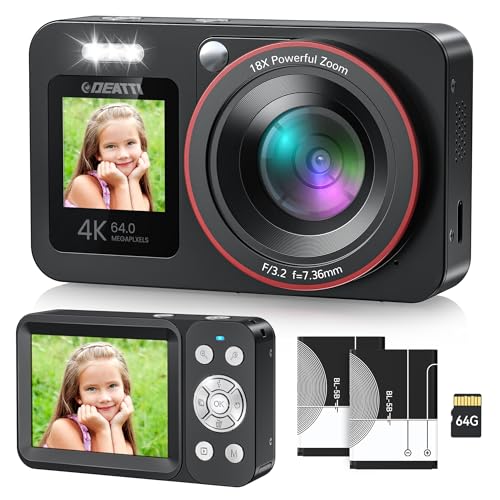 deatti 4k fotokamera 64mp mit 2 bildschirmen, 18x autofokus, 64g sd karte, schwarz