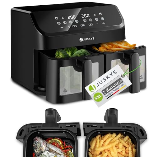 juskys heißluftfritteuse 9 l doppelkammer mit 2 körben und 9 programmen