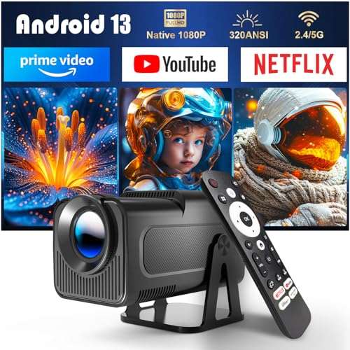 hy320 tv beamer android 13, 1080p, 320 ansi, 5g wifi, auto trapezkorrektur, netflix