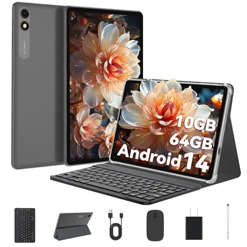 Produktbild: 10 Zoll tablet android 14, tuohaitime, 64GB ROM, 10GB RAM, 1TB erweiterbar, octa-core, WLAN, 6000mAh, dualkamera, tastatur, tasche, eingabestift schwarz