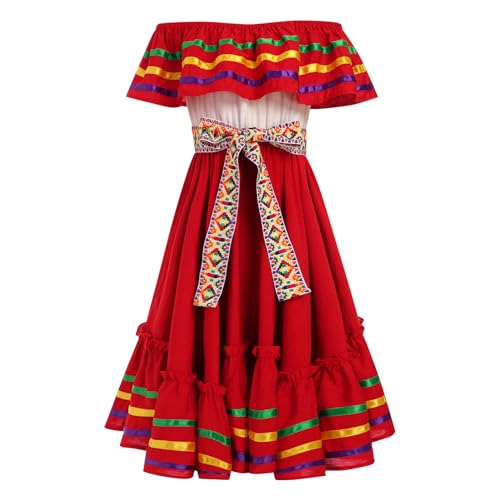 EFOGEP mexikanisches mädchenkleid folkloristisch rüschenkleid mit gürtel karneval fiesta