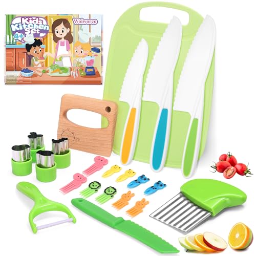 kindermesser set 22 stück, woiworco kinder küchenmesser mit holzmesser und schneidebrett