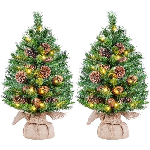 yaheetech 2er-set mini künstlicher weihnachtsbaum 61 cm mit 35 led und 12 zapfen grün