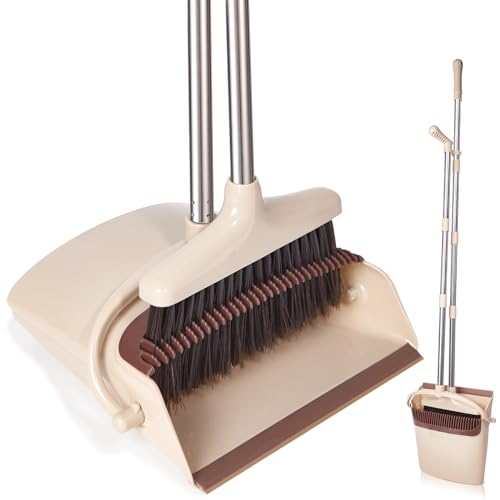 xxflower besen und kehrschaufel set mit langem stiel für haushaltsreinigung beige