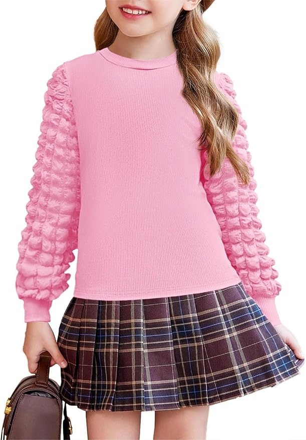 Produktbild: Mädchen Langarmshirt Blasenärmel Pullover Rundhals Strickpullover 3-4 Jahre Dunkelrosa