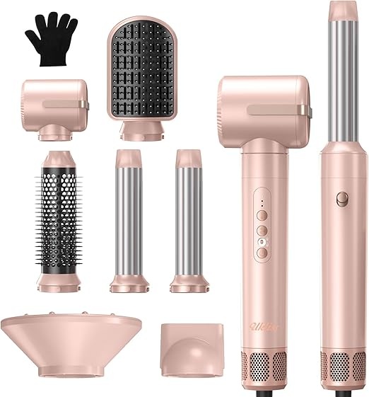 UKLISS 7 in 1 Airstyler 1400W Föhnbürste Set, 30mm Lockenstab, Ionen Föhn mit Diffusor