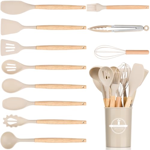 silikon küchenhelfer set 13 teilig mit holzgriff, hitzebeständig, khaki, utensilienhalter