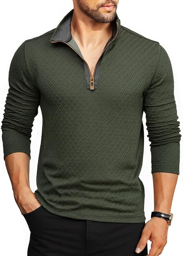 Danfiki Herren Langarm Poloshirt Zip Neck Waffel Raglan Sweatshirt