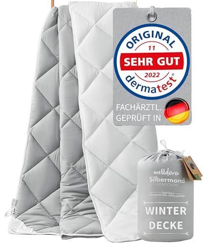 Welldora Bettdecke Allergiker 135x200 Winter, Oeko-Tex zertifiziert, wendbar silbergrau-weiß