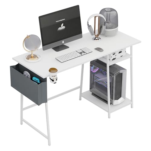 computertisch mit regal, 115 cm, weiß, eck-gaming-schreibtisch, laptop-tisch