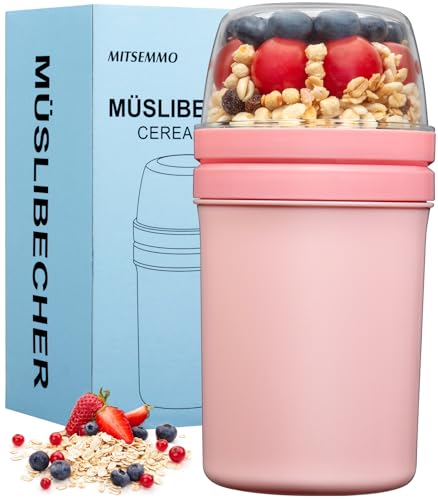 Müslibecher to Go 600ml + 270ml, Joghurtbecher mit Löffel, Rosa