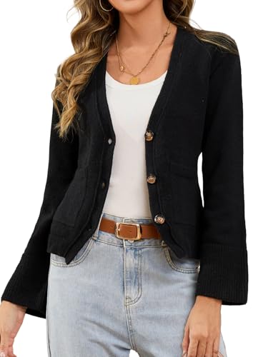 tzldn strickjacke damen v-ausschnitt langarm wickel cardigan mit knöpfen schwarz m