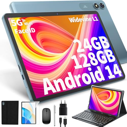 jjgj tablet 10 zoll android 14, 12gb+256gb, 1tb erweiterbar, 8-core, 5g wifi, tastatur, maus, stylus