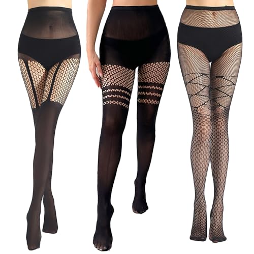 nhgkju netzstrumpfhose damen 3 paar blickdicht hochstretch hohe taille sexy schwarz