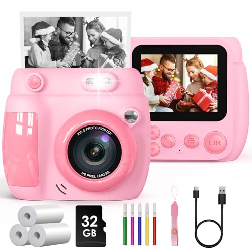 gofunly kinder sofortbildkamera 1080p hd mit 32gb karte und druckpapier, rosa