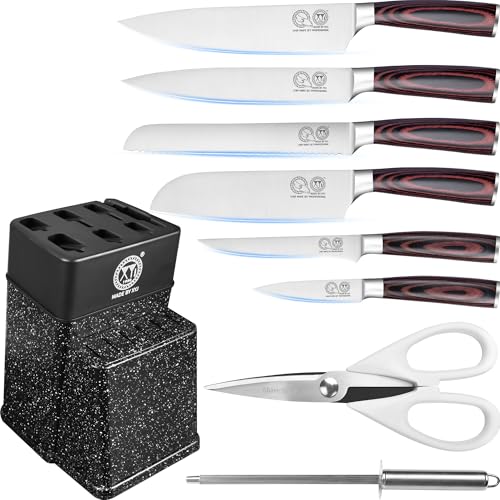 xyj messerset mit block, edelstahl küchenmesser, schneidemesser, holzgriff
