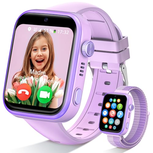 4G smartwatch kinder mit gps, akumaka wasserdicht, videoanruf, sos, schrittzähler, lila