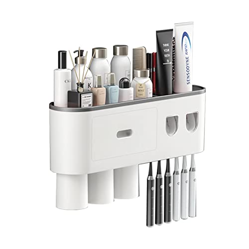 zahnbürstenhalter mit zahnpastaspender set für badezimmer, grau, 3 tassen und schublade