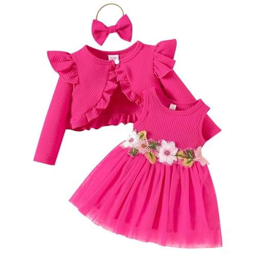 Baby Mädchen Strickjacke Set 3 Stück Mantel Kleid Stirnband Neugeboren rosenrot 3 Jahre