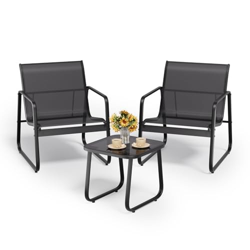 Bistro-Set 3-teilig, Textilene-Stoff, 2 Sessel und 1 Tisch aus Glas für Balkon