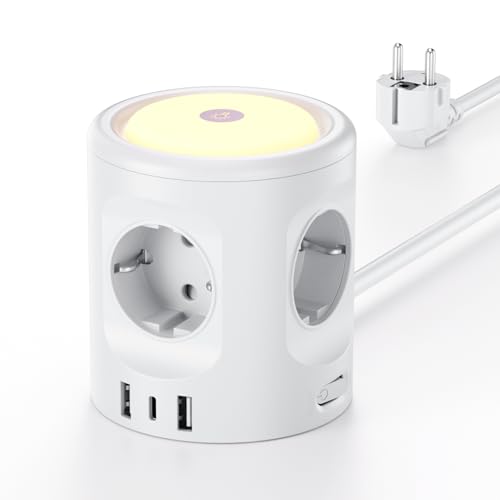 7 in 1 Steckdosenwürfel 3680W, 4-fach mit 3 USB, Überspannungsschutz, 2M