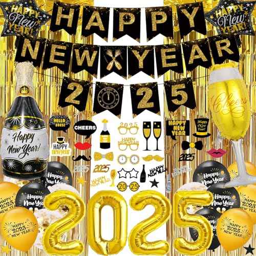 silvester deko 2025 schwarz gold, happy new year banner, folienballons, konfetti, party set