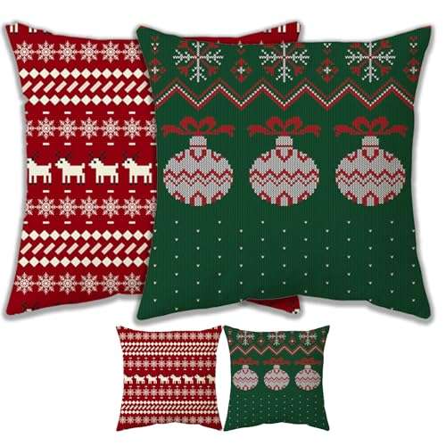 POPOYU kissenbezug weihnachten 45x45cm rot grün elch laterne deko baumwolle leinen 2er set