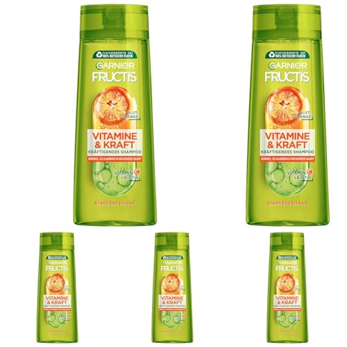 Garnier Fructis Shampoo 300 ml, kräftigend für dünnes Haar, gegen Haarverlust, mit Vitamin C und Blutorange, 5er Pack