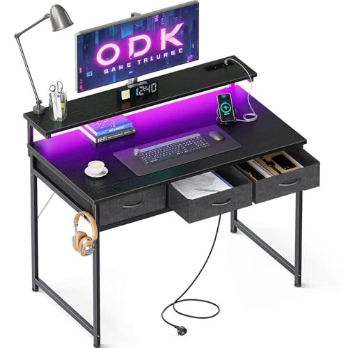 odk gaming tisch mit schubladen, monitorständer, usb-steckdosen, schwarz 100x50x78,7 cm