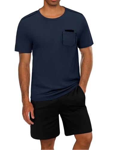 uniexcosm schlafanzug herren kurzarm pyjama set shorts nachtwäsche marineblau M
