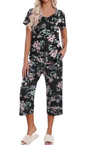 Produktbild: ekouaer damen schlafanzug kurzarm pyjama set 3/4 hose v-ausschnitt mit taschen schwarz-rosa blumen