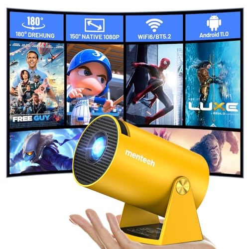 mini beamer mentech 180 drehbar mit wifi bluetooth 1080p android tv 11.0 gelb