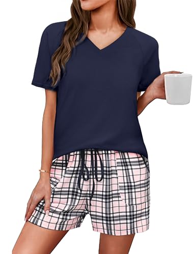 uniexcos damen schlafanzug kurz pyjama zwei-teilig baumwolle v-ausschnitt marineblau s