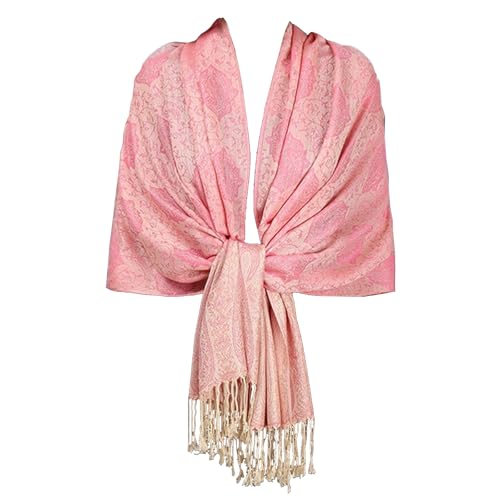 damen schal rosa, weiches satin tuch mit fransen, eleganter shawl 190x70 cm, herbst winter geschenk