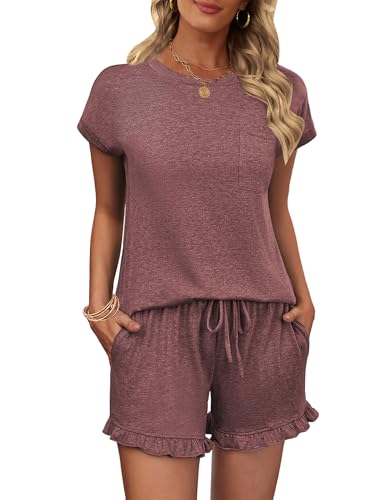 ekouaer schlafanzug damen kurz pyjama set rüschen shorts kurzarm rot l
