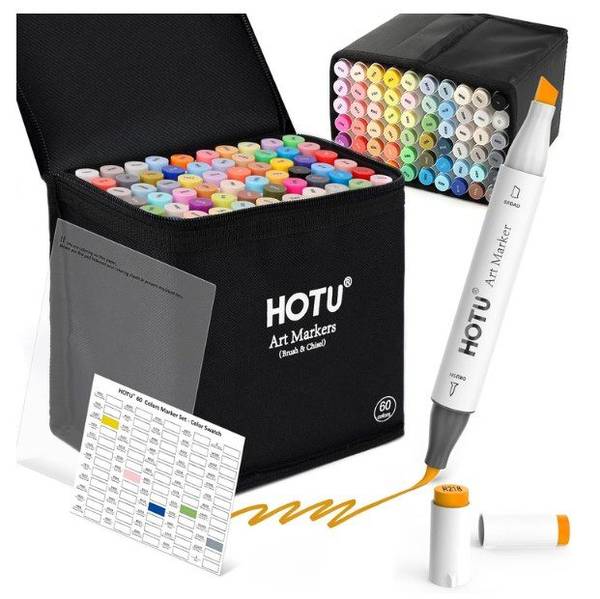 60x HOTU doppelseitige Alkoholmarker, Austauschbare Spitzen, 14 Farben