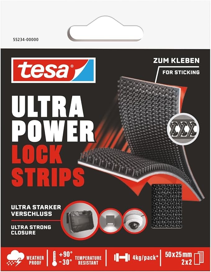tesa Ultra Power Lock Strips - selbstklebende Klettband-Streifen 50 x 25 mm, 4 Stück