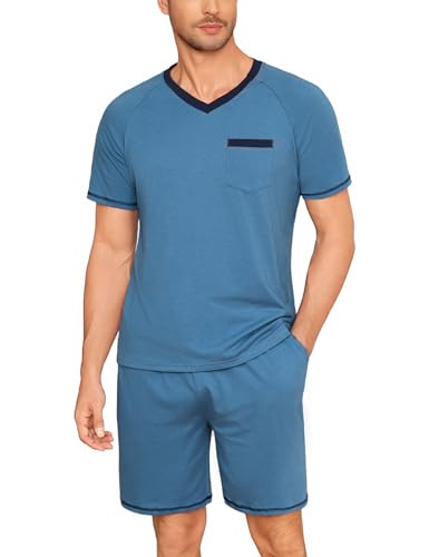 litherday schlafanzug herren kurz cotton shorty pyjama set v-ausschnitt blau l