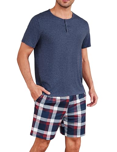 schlafanzug herren kurz uniexcosm sommer pyjama set mit karierten shorts marineblau M
