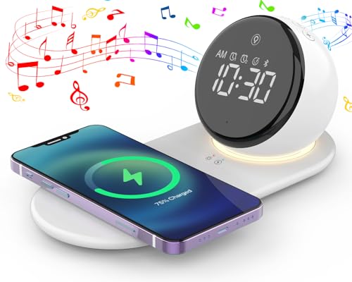 auyle wecker digital mit bluetooth lautsprecher, dimmbarer nachttischlampe und 15W wireless charger