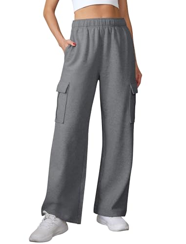 damen sporthose hochbund elastischer bund mit taschen lockere hosenbeine hanf grau M