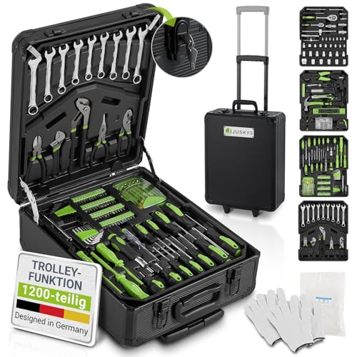 juskys werkzeugkoffer 1200 teilig, werkzeugtrolley, werkzeugkiste, set, rollen