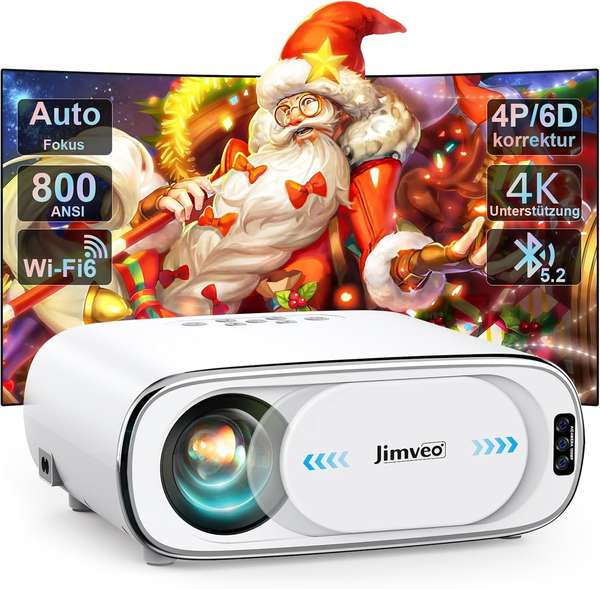 Jimveo 4K Beamer mit Auto-Fokus, Trapezkorrektur, WiFi6, 1080P Full HD, 300" Display, tragbar, 26000L, 50% Zoom