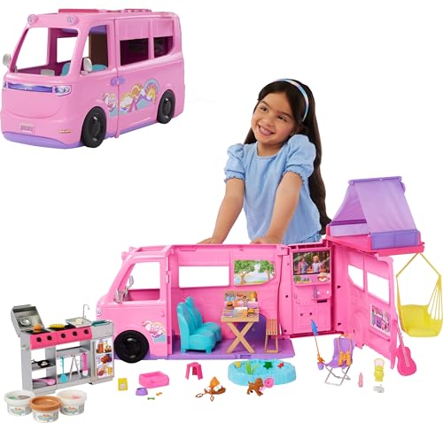barbie camper spielset mit dachzelt, hängesessel, grill und fischteich