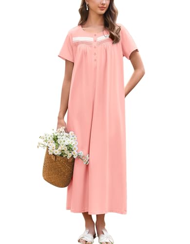 Ekouaer Damen Nachtkleid Baumwolle Langarm Kurzarm mit Knöpfen und Taschen Rosa S